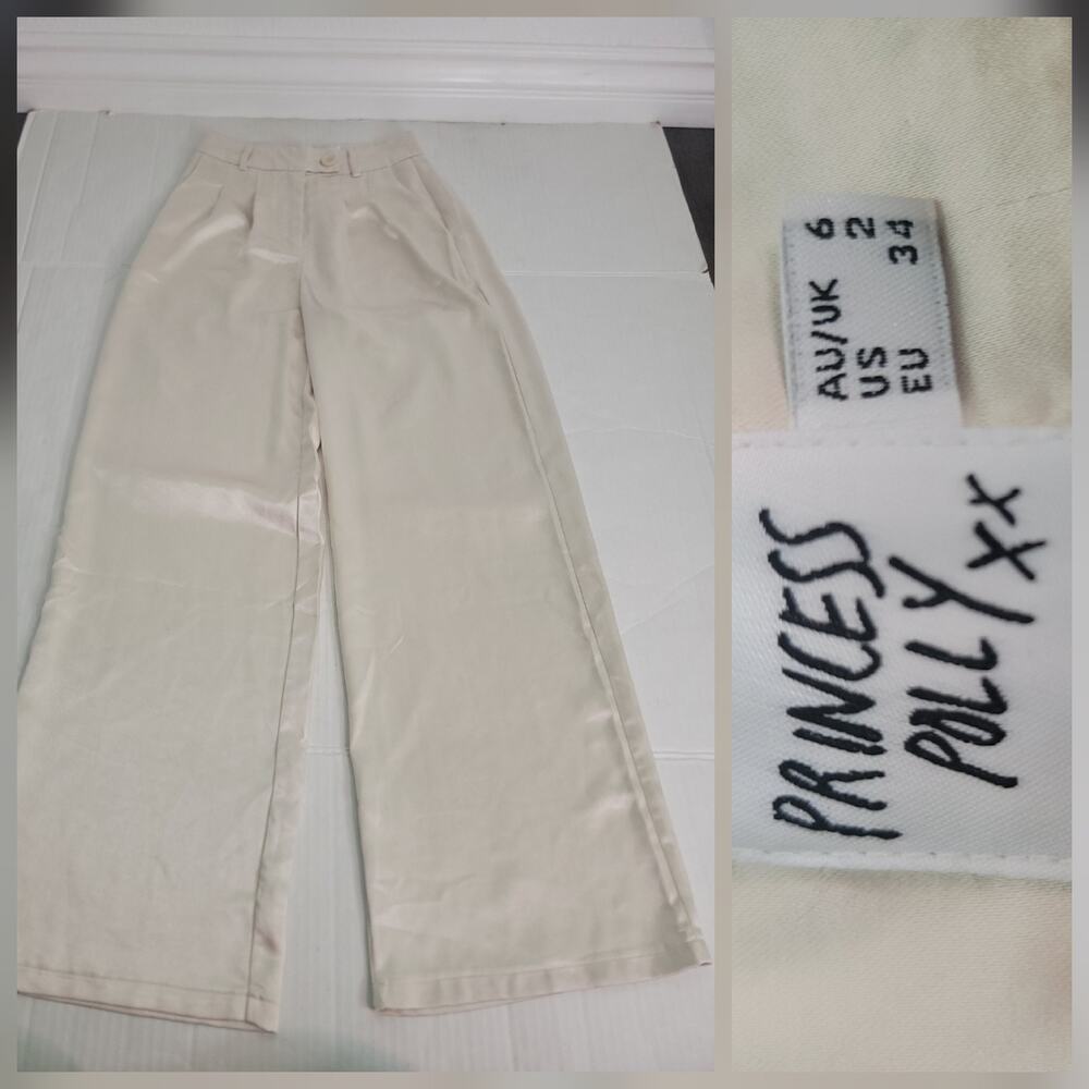 Princess Polly Satin Trouser Pants Womens Sz 2 Straight Leg High Rise Champagne